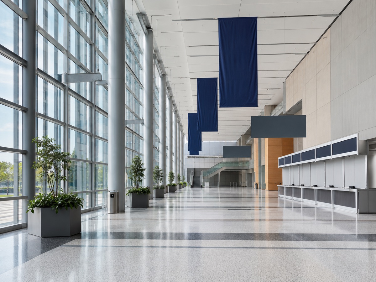 Empty convention center concourse with hanging banners and closed registration counters