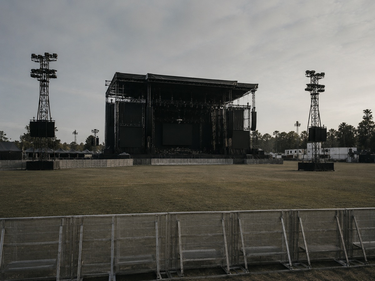 Festival main stage and crowd barricades on an empty field before an event opens